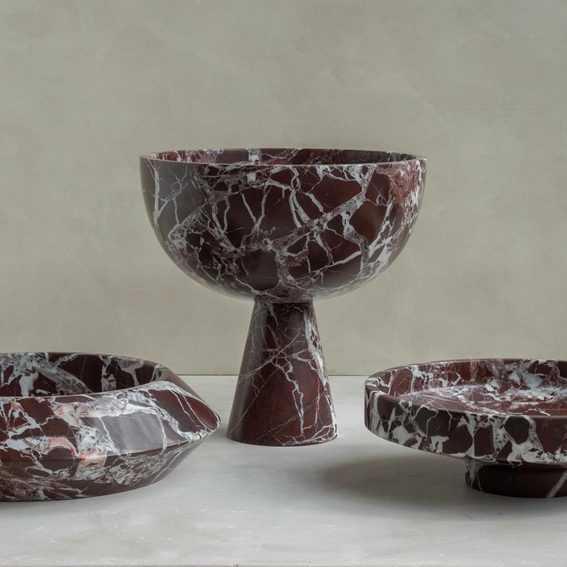 Burgundy marble pedestal bowl & tray set - modern decorative serving pieces for home