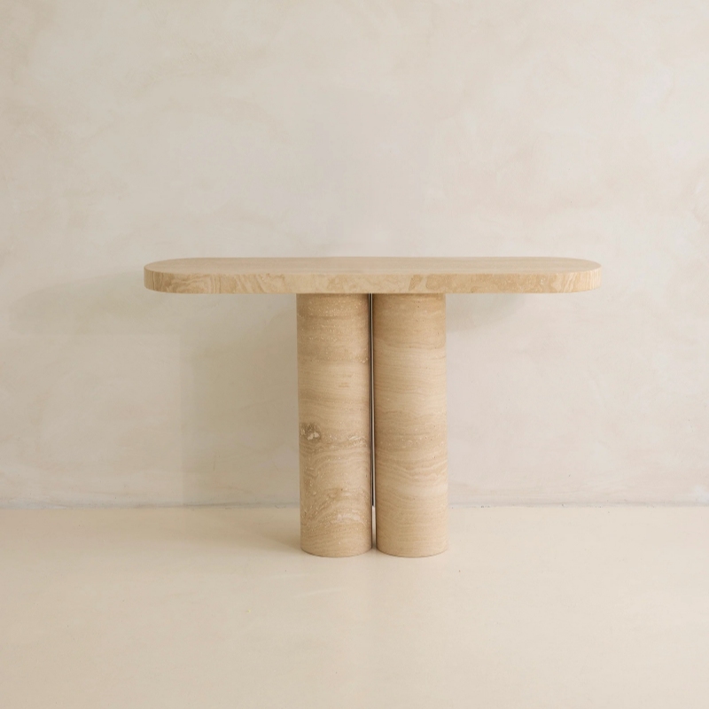 Beige travertine console table with double cylindrical base - minimalist modern interior decor