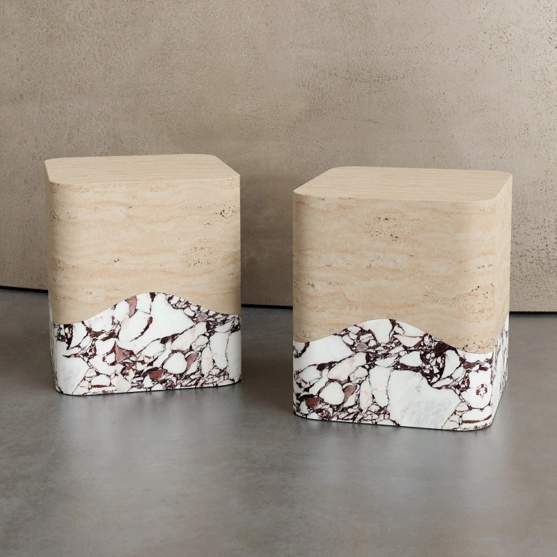 Travertine and Calacatta Voila Marble side tables