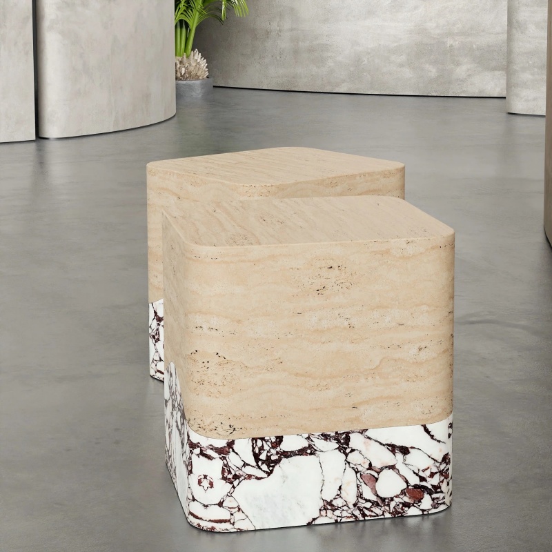 beige travertine upper with burgundy-white marble wave detail