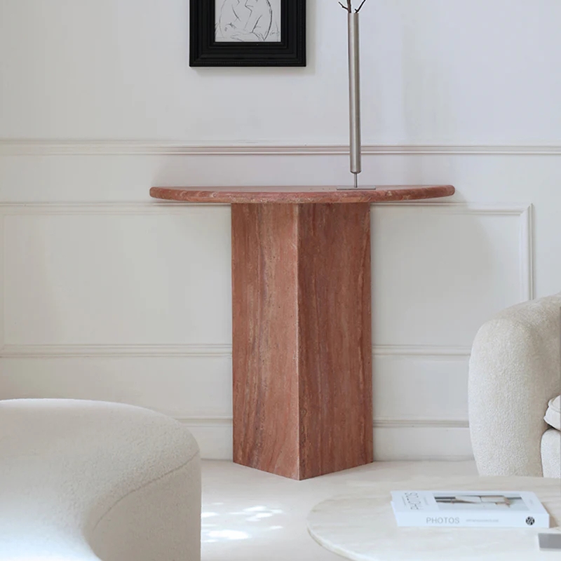 Travertine Red Marble Console Table between sofas - modern living room accent furniture
