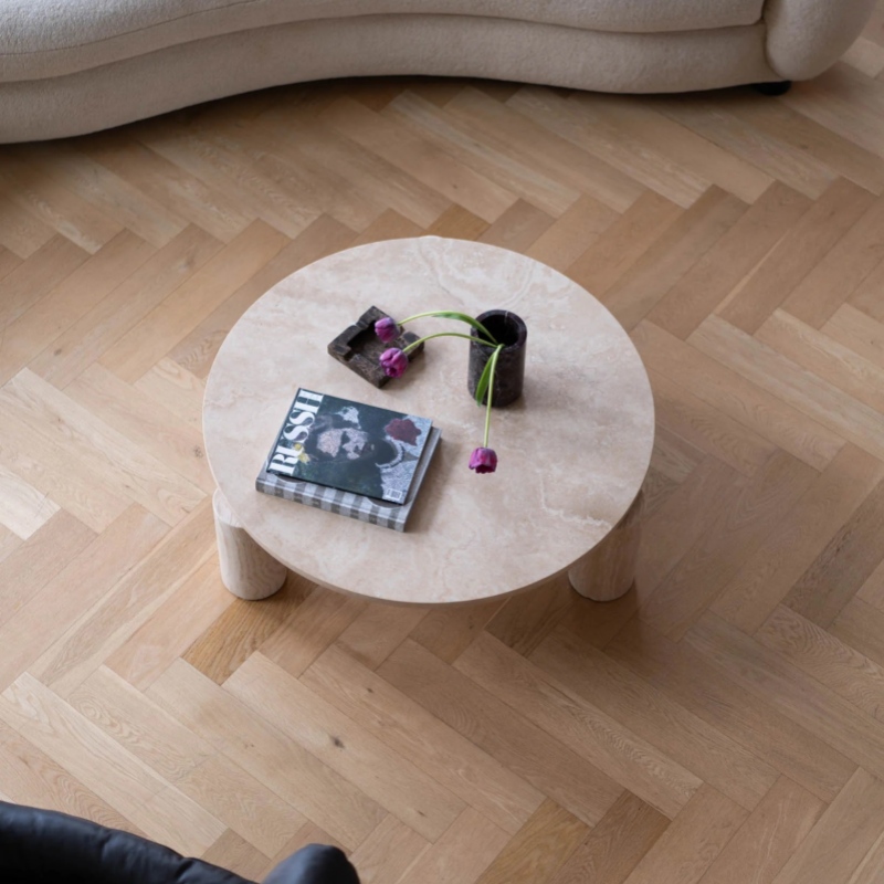 Beige Marble Round Coffee Table with cylindrical bases - minimalist living room accent furniture