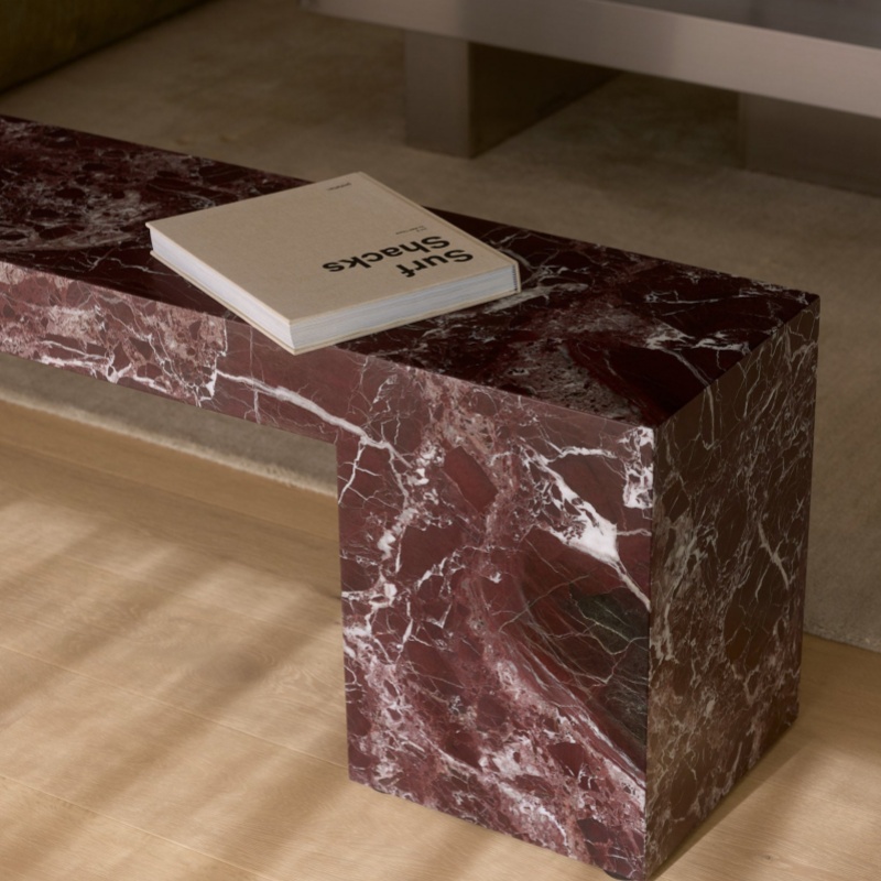 Marble Rectangular Bench with geometric block bases - styled with book on wooden floor