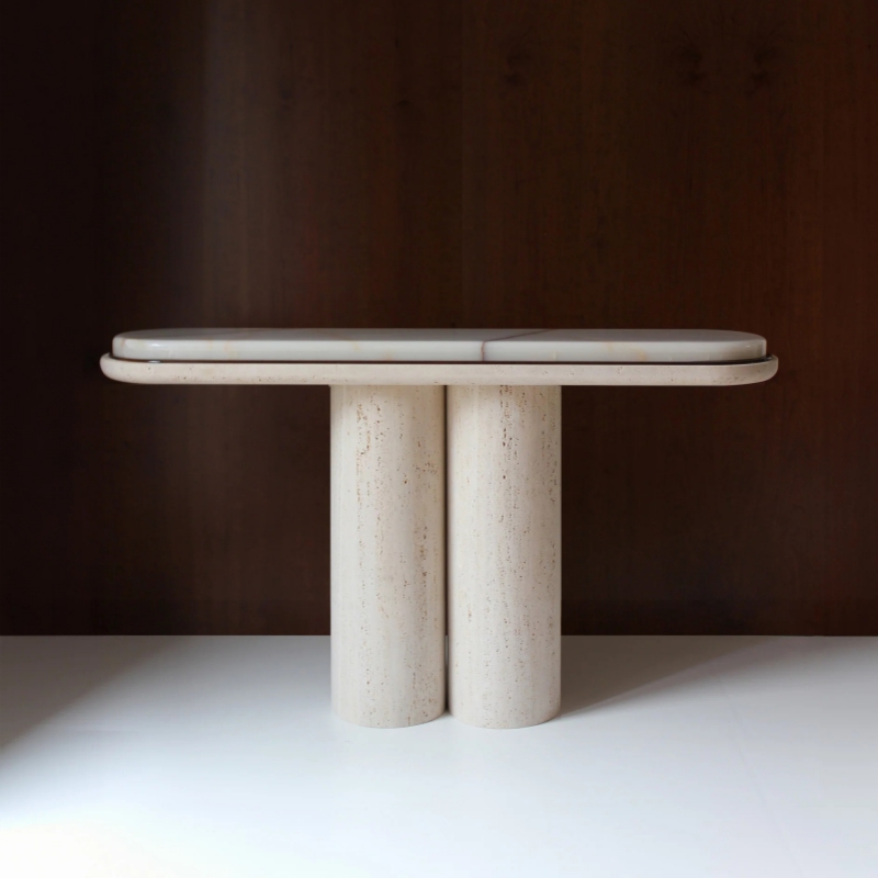 Beige Travertine Double Cylinder Console Table with White Onyx Top - minimalist modern entryway furniture