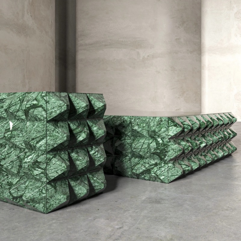 Side view of Green Marble Pyramid Coffee Table - geometric pyramid texture detail