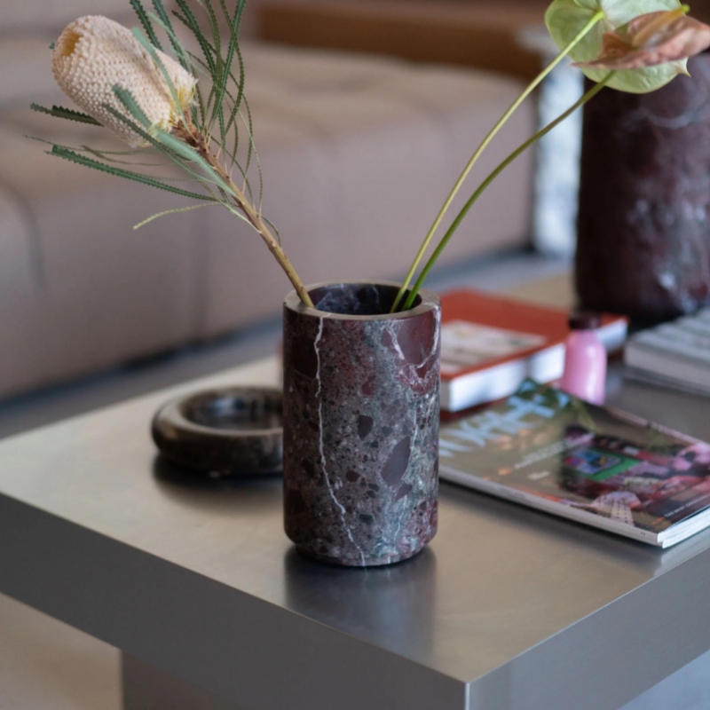 Green Marble Cylindrical Vase with dried flowers - modern tabletop decor