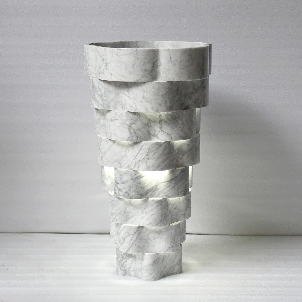 Carrara Marble Stacked Scalloped Pedestal Sink with integrated LED lighting - luxury modern bathroom fixture