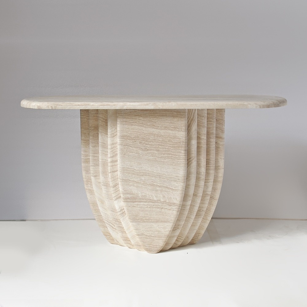 Beige travertine console table with fluted shell base - modern sculptural entryway furniture