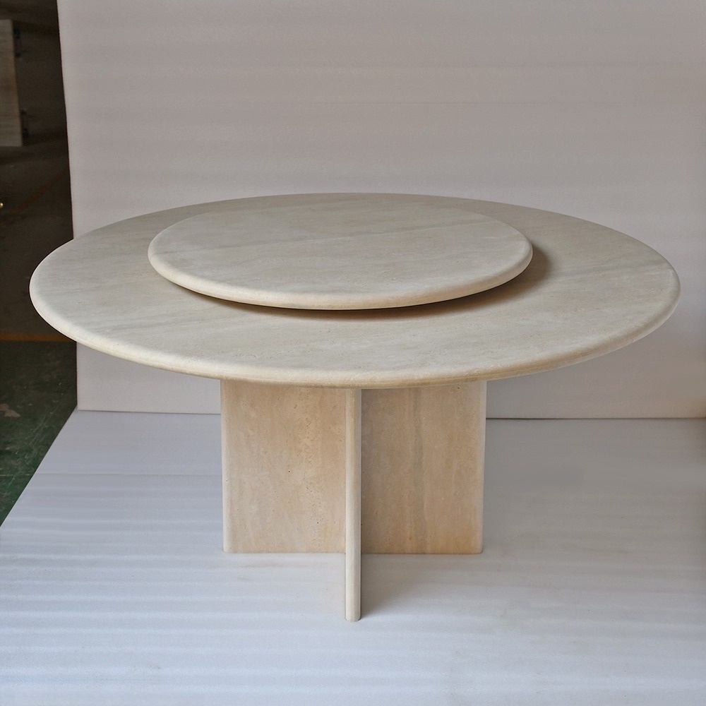 Natural beige travertine round dining table with rotating turntable - luxury dining furniture