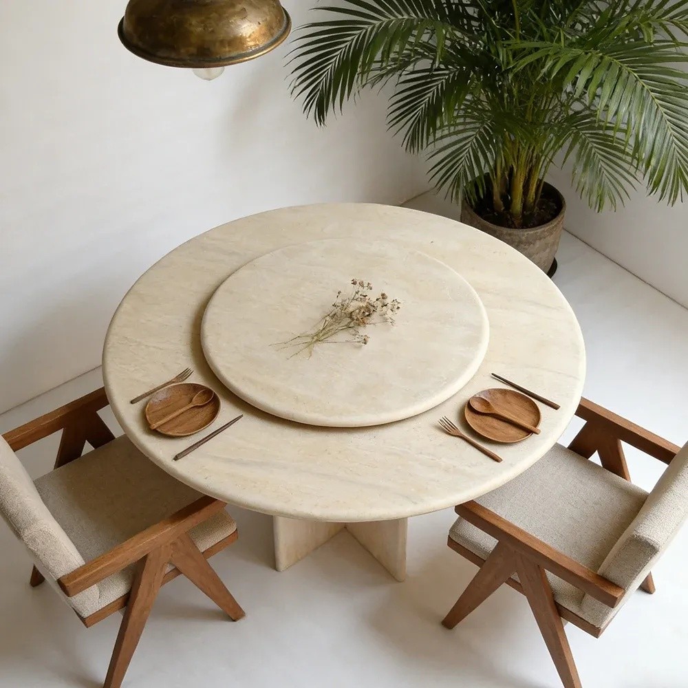 Beige travertine round dining table with X-shaped base and lazy Susan turntable