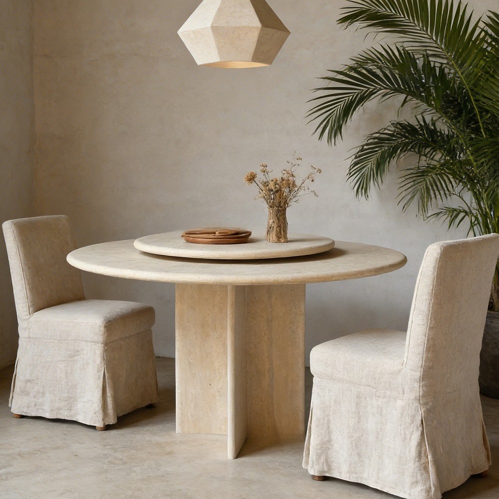 Close-up of travertine dining table - natural stone texture and lazy Susan turntable detail