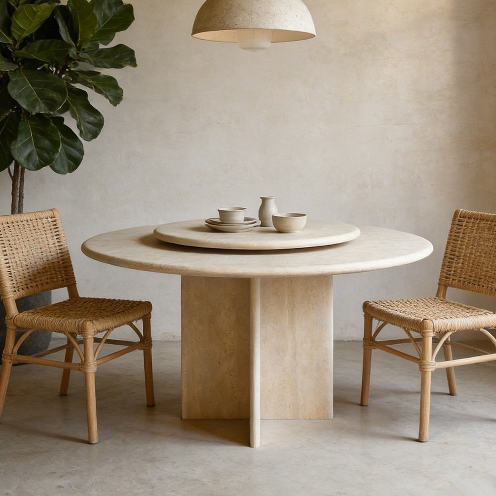 Round travertine dining table styled in minimalist dining room with wooden chairs