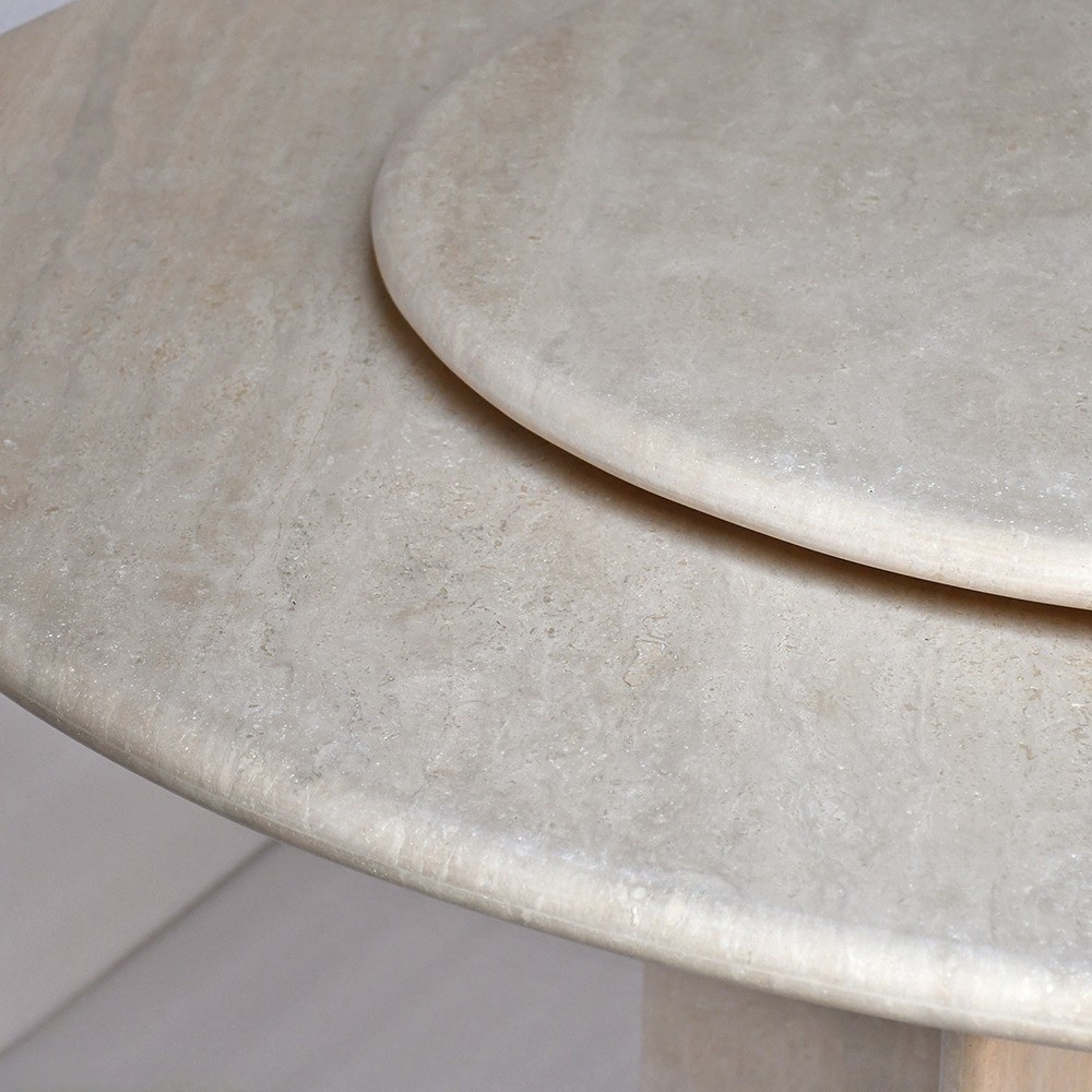 Modern travertine dining table with central lazy Susan and X-base pedestal