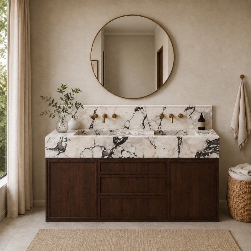 Calacatta Viola marble double sink bathroom vanity with dark walnut solid wood cabinet