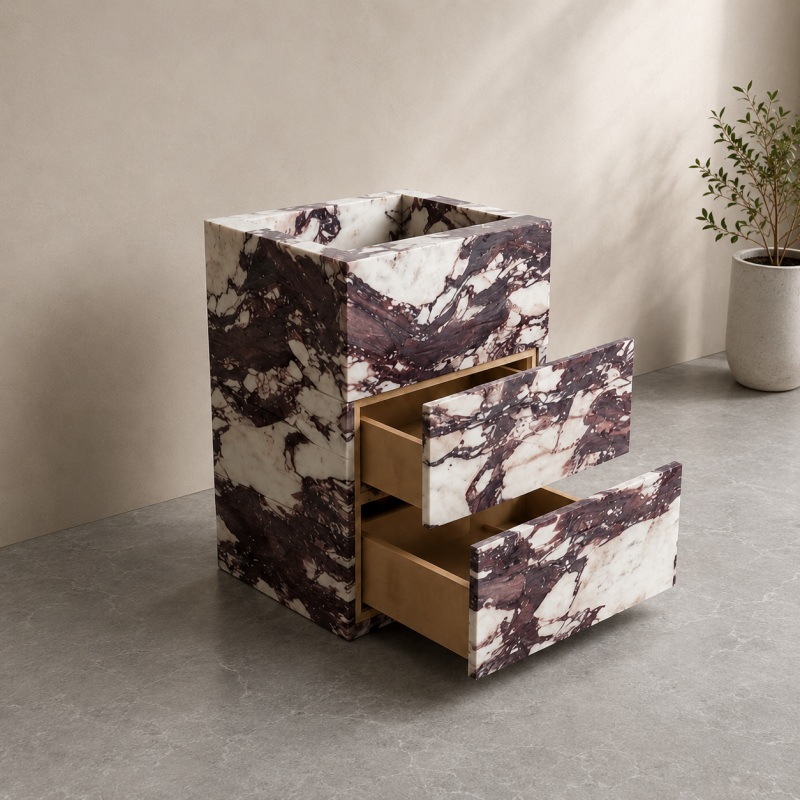 Modern luxury freestanding Calacatta Viola marble sink vanity for contemporary minimalist bathroom