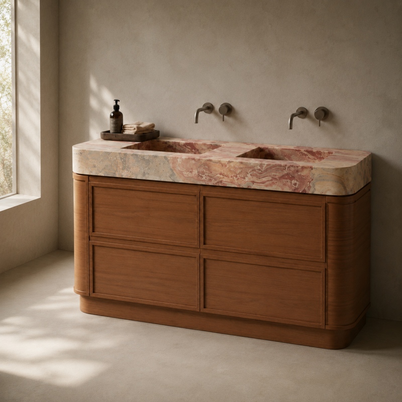 Close-up of Arabescato Orofico Rosso marble vanity top, natural beige base with swirling red-brown banded veining