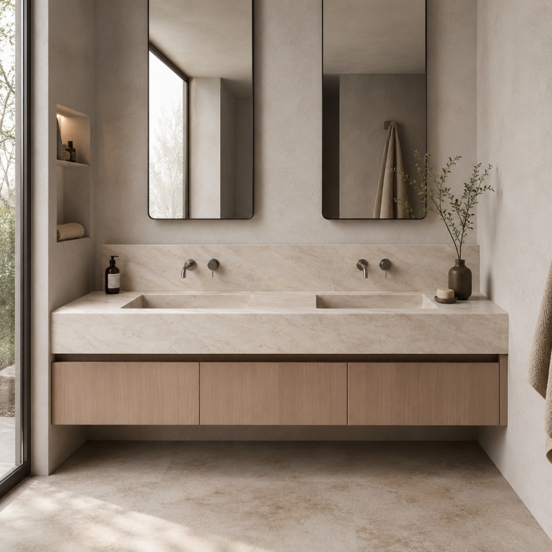 Taj Mahal marble floating double sink bathroom vanity with solid oak floating cabinet