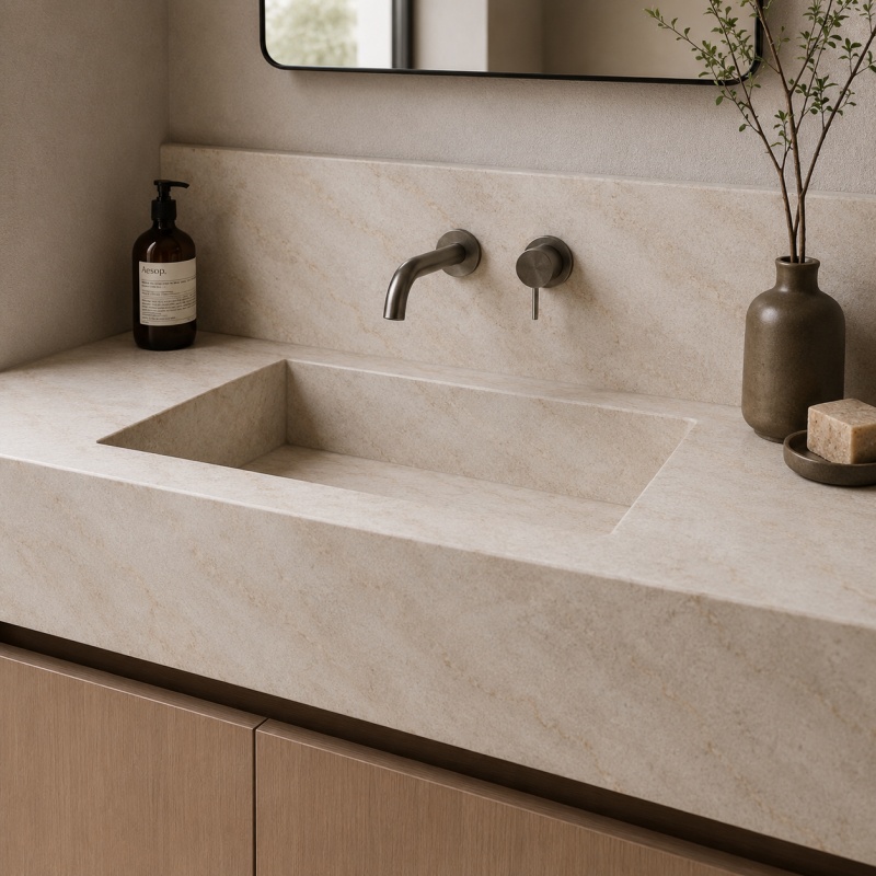 Japandi wabi-sabi double basin vanity made of natural Taj Mahal marble and light oak wood