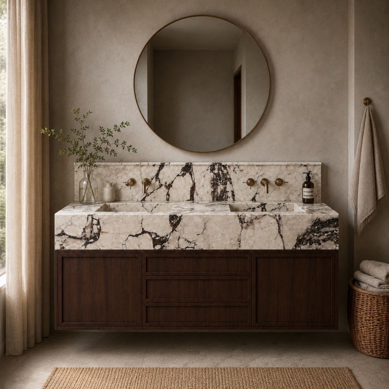 Calacatta Viola marble double sink bathroom vanity with dark walnut solid wood cabinet